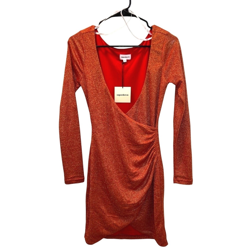 Revolve Superdown Metallic Ruched Wrap Front‎ Mini Dress Long Sleeve NWT Small